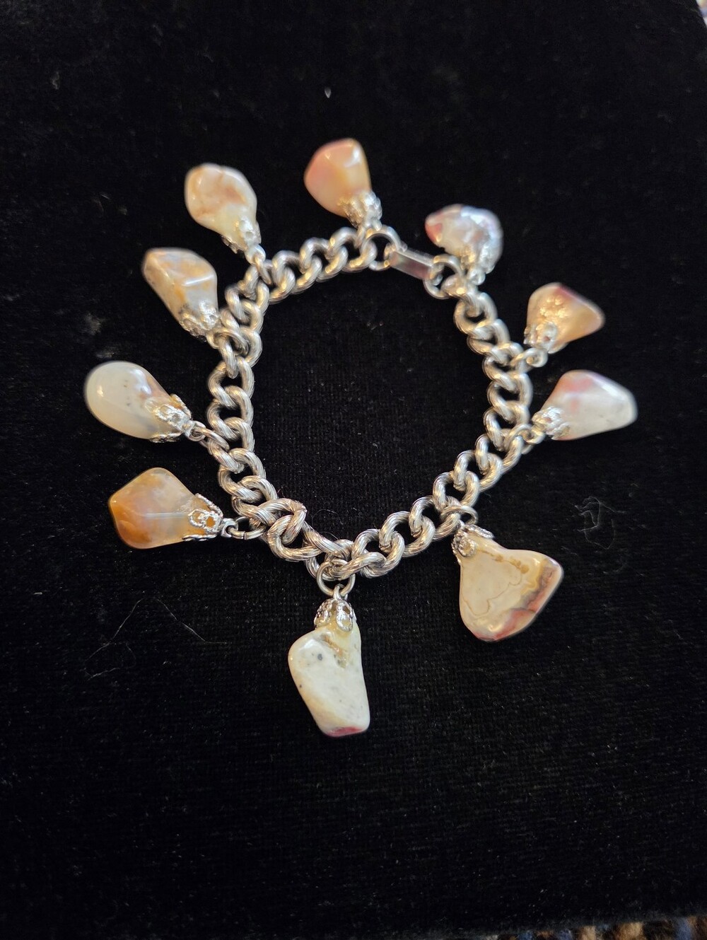 Vintage Polished Rock Silver Chain Charm Bracelet